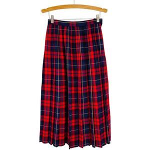Vintage red blue plaid wool pleated preppy holiday academia maxi skirt 8